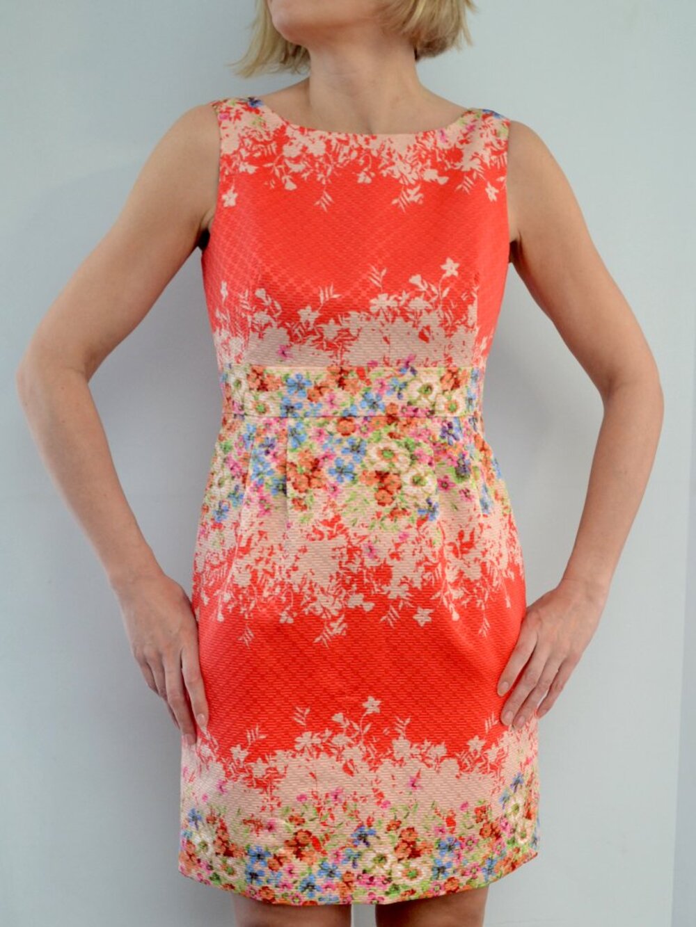 Tahari ASL Coral Floral Sheath Dress size 4 | Sleeveless Textured Spring Summer